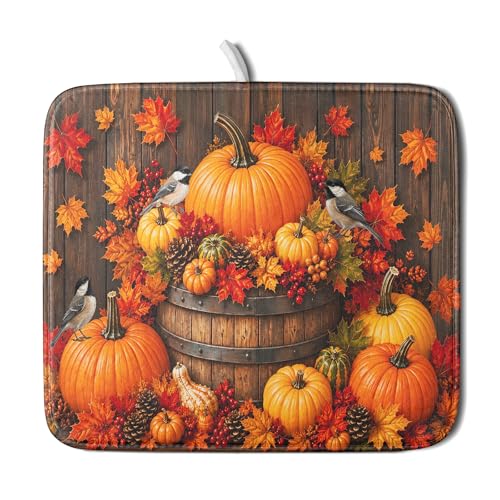 Autumn Dish Drying Mat for Kitchen Countertop Fall Pumpkin Maple Leaf Birds Dish Drainer Mats 16x18inch Rustic Wood Board Grain Dish Drying Rack Pad Protector for Dining Seasonal Decor (18" x 16")