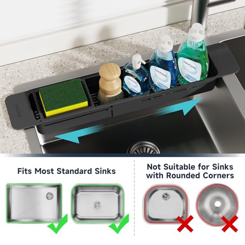 Extendable Kitchen Sink Caddy Extra Long Brush Sponge Storage Holder (Extra Long / Black 1)