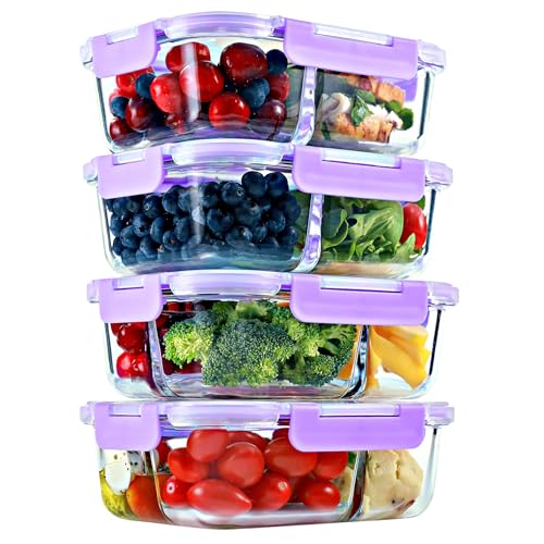 Glass Meal Prep Containers 2 & 3 Compartments with Lids 4 Pack 32 oz (Lavender (2,3 compartment - 4 pack, 32 oz))