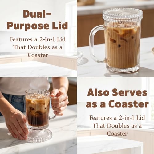 4 Pack Glass Coffee Mugs with Lid and Spoon