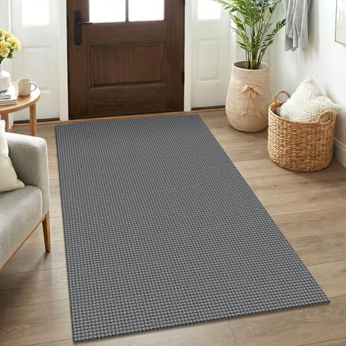 Rugs for Entryway 3x5 ft Washable Area Rug Non Slip Rubber Backed Entry Rug Woven Indoor Door Mat Cotton Kitchen Rugs Floor Carpet for Entryway (Grey/Dark Grey / 3' x 5' (Rectangular))