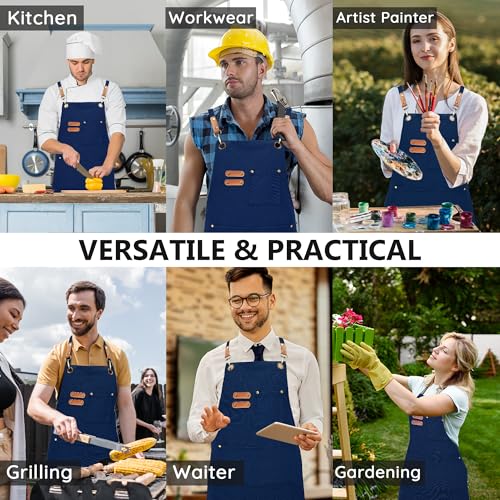 Chef Canvas Aprons with 3 Large Pockets Adjustable Strap for Men Women Blue (Blue)