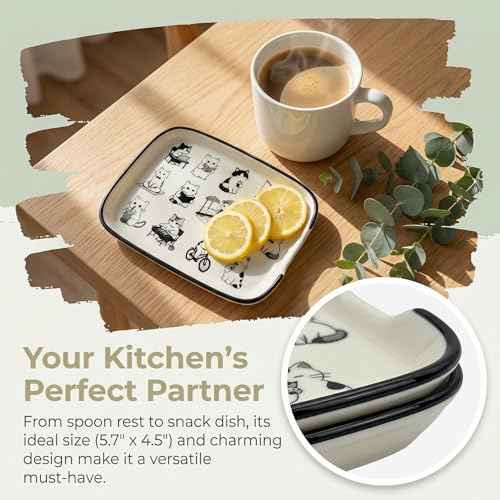 Ceramic Spoon Rest with Black White Cartoon Cat Print (Outdoor cats)