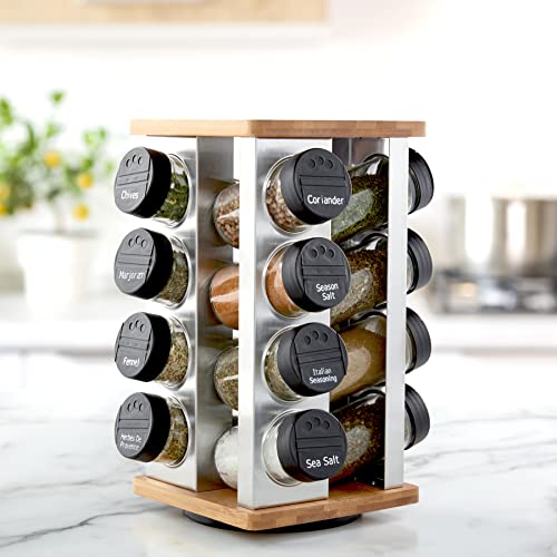 16 Jar Warner Revolving Countertop Spice Rack Organizer with Lift & Pour Caps and Spices Included (16-Jar Bamboo Revolving / 16-Jar)