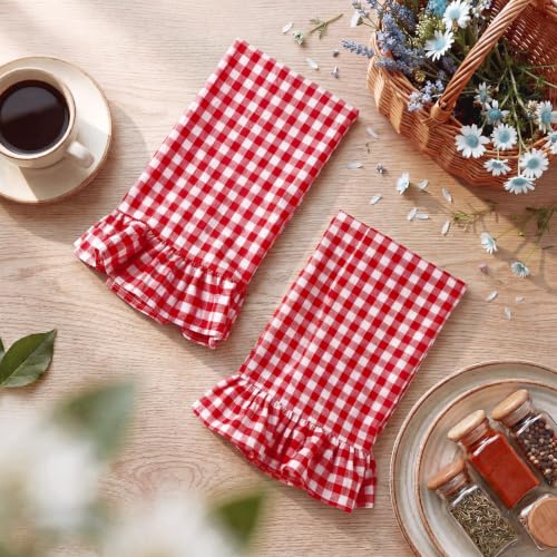 2 Pcs Red Gingham Kitchen Towels Cotton Ruffled (Red / Gingham)