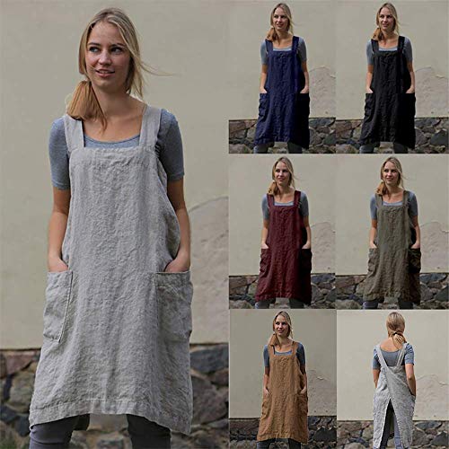 Women’s Pinafore Square Apron Baking Cooking Gardening Works Cross Back Cotton (Medium / Gray)