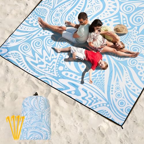 Waterproof Sandproof Beach Blanket Mat for 1 (79" X 83"（1~3 person） / Floral Water Ripple - Light Blue)
