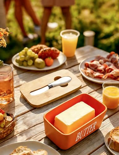Ceramic Butter Dish with Lid and Knife Silicone Seal for Countertop Orange (Orange)