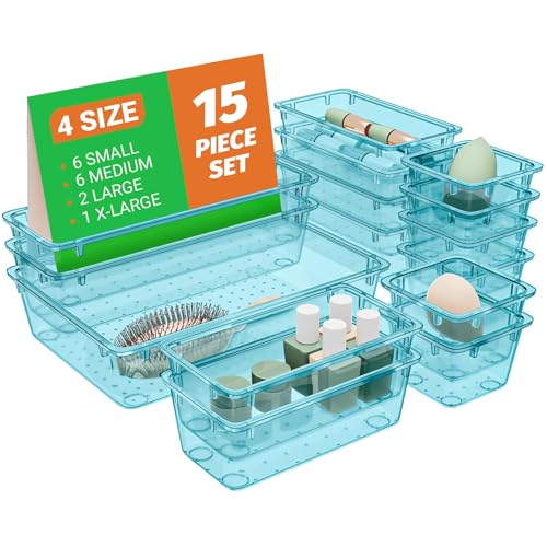 15 PCS Plastic Drawer Organizer Set (Sea Blue)