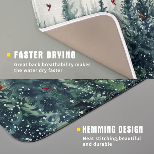 Winter Pine Trees Dish Drying Mat Xmas Forest Red Birds Small Dish Drainer Mats 16"x18" Snowy Scene Microfiber Reversible Dish Drying Rack Pad Protector for Kitchen Countertop Decor (18" x 16")