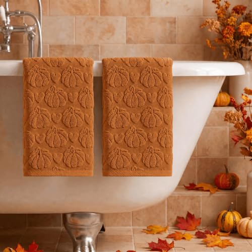 2 Pcs Caramel 3D Heart Pumpkin Jacquard Hand Towels (13.7" x 29.5", 2PCS / Caramel)