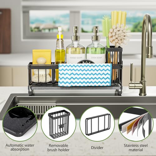 Large Sink Caddy Organizer with Towel Holder (Black with Towel Rack)