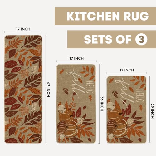 Maple Leaf Fall Kitchen Mats Set of 3 (17" x 29" /17" x 36" /17" x 47" / Orange)