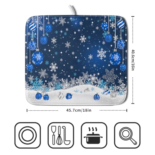 Xmas Blue Balls Dish Drying Mat for Kitchen Countertop 16x18inch (18" x 16")