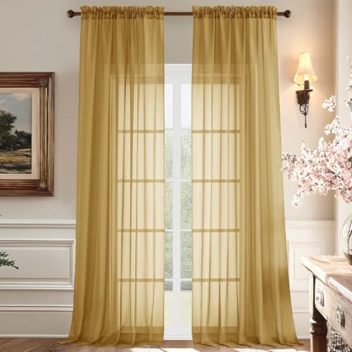 Gold Sheer Curtains 120 Inches Long 2 Panels Set for Bedroom (59"W x 120"L (Pack of 2) / Gold)