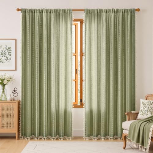 Sage Green Boho Light Filtering Curtains 84 Inch 2 Panels with Tassels (Light Filtering Sage Green / 52"W x 84"L (Pack of 2))