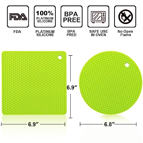 Silicone Trivet Mats (7.1+7in, 4 Green Round + Rectangle)