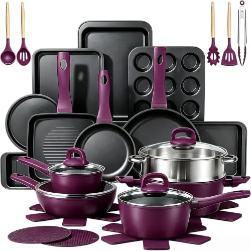 Pots and Pans Set Nonstick (Purple)