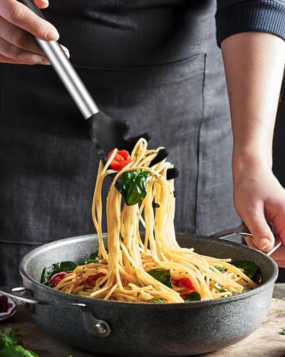 Silicone Spaghetti Spoon and Pasta Tong (Black)