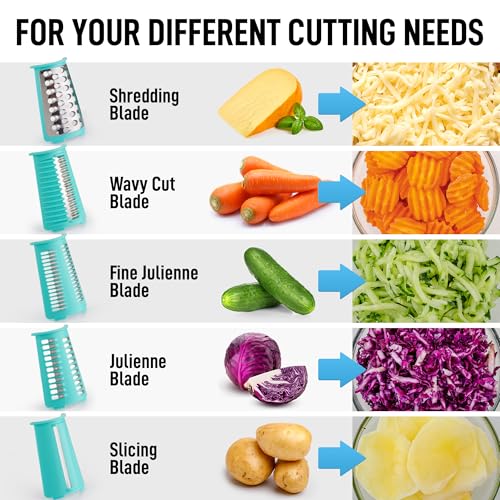 Rotary Cheese Grater Manual Hand Crank 5 Blade Shredder (5 Blades / Teal)