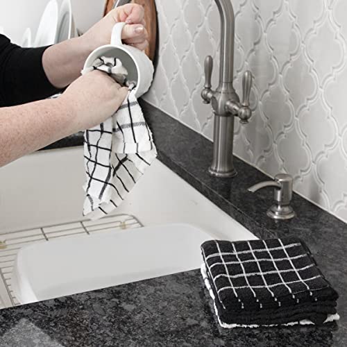 Premium 100% Cotton Terry Check Kitchen Dish Cloths (Black / 6-Pack - Dish Cloths)