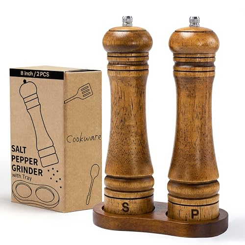 Wooden Salt and Pepper Grinder Set (8 Inches-2 Packs with Tray)