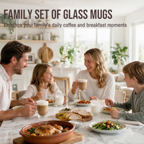 16oz Glass Coffee Mugs with Handles and Spoon Set of 4 Ribbed Mug (Ribbed)