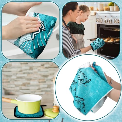 6 Pcs Boho Mountains Kitchen Towels Oven Mitts and Pot Holders Set Decorative Dish Towels Tea Washcloth Non Slip Heat Resistant Oven Gloves for Summer Home Cooking Baking (Turquoise / Boho Mountains)