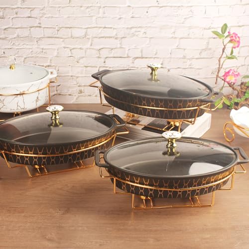 10" x 7" Ceramic Oval Casserole Dish with Glass Lid and Gold rack (Black with rack / 10" x 7")