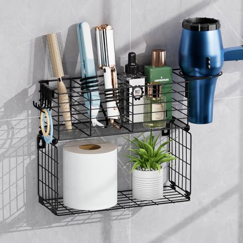 Metal Hair Tool Organizer with Toilet Paper Storage Basket Wall Mount (Black 2 Tiers)