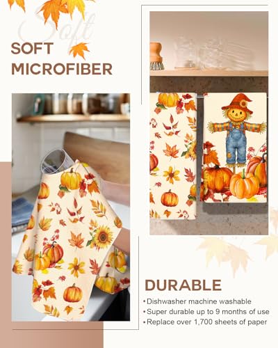 Fall Microfiber Kitchen Towels Set of 2 (Off-white Straw Pumpkin)
