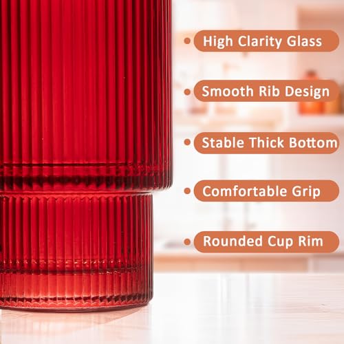 12 oz Ribbed Drinking Glasses Set of 12 (12 OZ / Red 12 Pcs)