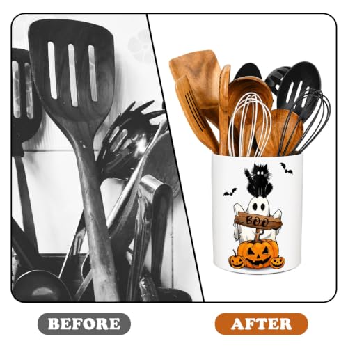 Halloween Utensil Holder Ghost Pumpkin Black Cat Ceramic Kitchen Crock Kitchen Decor for Trick or Treat Cooking Tools Organizer Storage Container Spoon Forks Countertop Supplies (Halloween)
