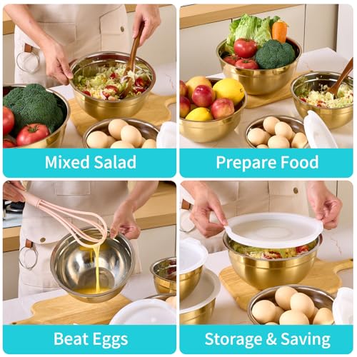 6 Piece Gold Mixing Bowls Set With Lids for Kitchen (Gold / 6 Piece)
