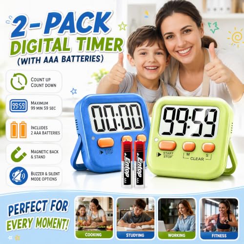 2 Pack Digital Timer for Kids Classroom Kitchen Timers for Cooking (2 * Green+ Sky Blue ( 95%+select for Kids ))