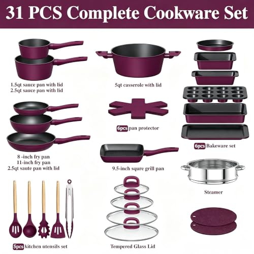Pots and Pans Set Nonstick (Purple)
