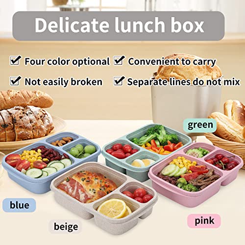 4 Pack Bento Lunch Box Set 3 Compartment Food Storage Containers Wheat Straw Meal Prep Lunch Box Plastic Food Storage Containers (4 Pack (light colour))