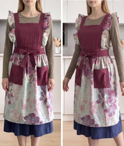 Vintage Aprons for Women with Pockets Cute Pinafore Apron Dress for Kitchen Cooking Baking Gardening (Ruffle Dark Red)