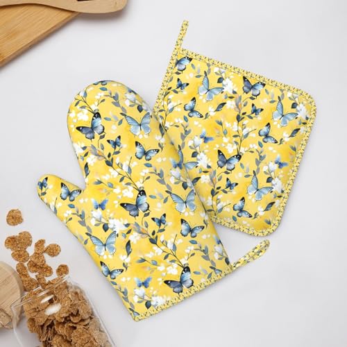 Oven Mitts and Pot Holders Watercolor Pastel Butterfly Flower Silicone Kitchen Accessories Set of 4 Heat Resistant Long Gloves Potholder Non (A0995)