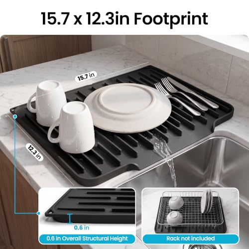 Foldable Silicone Dish Drying Mat for Kitchen Counter & Sink (Black / 15.7" x 12.3")