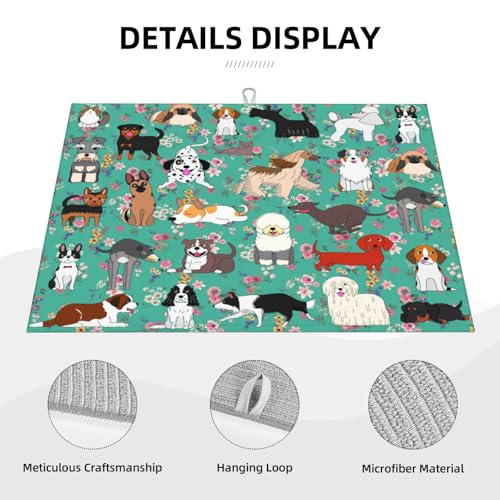 Dog Dish Drying Mat For Kitchen Microfiber Drying Mats Absorbent Reversible Dish Pad Draining Mats For Countertop Coffee Mats 18x24 Inch (Dog)