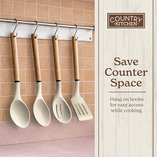 Non Stick Silicone Utensil Set with Rounded Wood Handles for Cooking and Baking (8 Piece Set / Khaki)