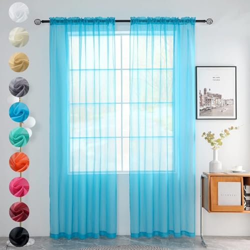 Solid Sheer Rod Pocket Curtain Voile Draperies 2 Panels White Beige Black Grey Coffee 52 Inch Width 45 Inch Long 1 Pair for Kitchen Bedroom Children Living Room Yard (Cyan Blue / 52"W x 45"L (Pack of 2))
