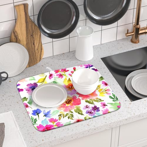 Spring Floral Dish Drying Mat for Kitchen Counter Flower Microfiber Absorbent Dish Draining Reusable Washable Foldable 16"x18" (18" x 16")