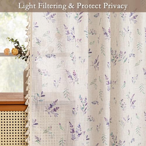 Purple Floral Boho Linen Semi Sheer Curtains 84 Inches Long 2 Panels Spring Vintage Farmhouse Elegant Light Filtering Privacy Drapes with Tassel Back Tab for Living Room Bedroom (Purple / 50"W x 84"L (Pack of 2))