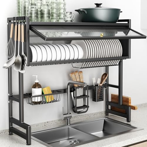 Over The Sink Dish Drainer Drying Rack 3 Tiers with Cover (Black / 37.4in)