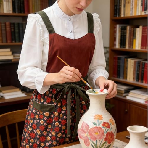 Pinafore Apron Dress for Women Adjustable Flower Work Aprons for Kitchen Cooking Baking Gardening with Pockets (Burgundy Red)