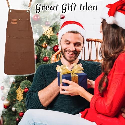 Chef Canvas Aprons with 3 Large Pockets Adjustable Strap for Men Women (Brown)
