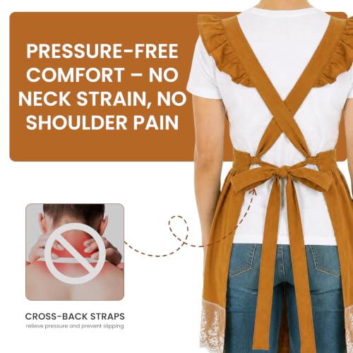 Aoomzoom Vintage Aprons for Woman with Pockets Cute Lace Ruffle Adjustable Apron for Cooking Kitchen Baking Gardening (Orange Yellow)