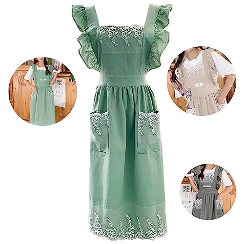 Cute Cotton Apron Frilly Lace Ruffle Adjustable Pinafore Apron Dress with Pockets for Cooking Baking Cleaning Gardening (Light Green)